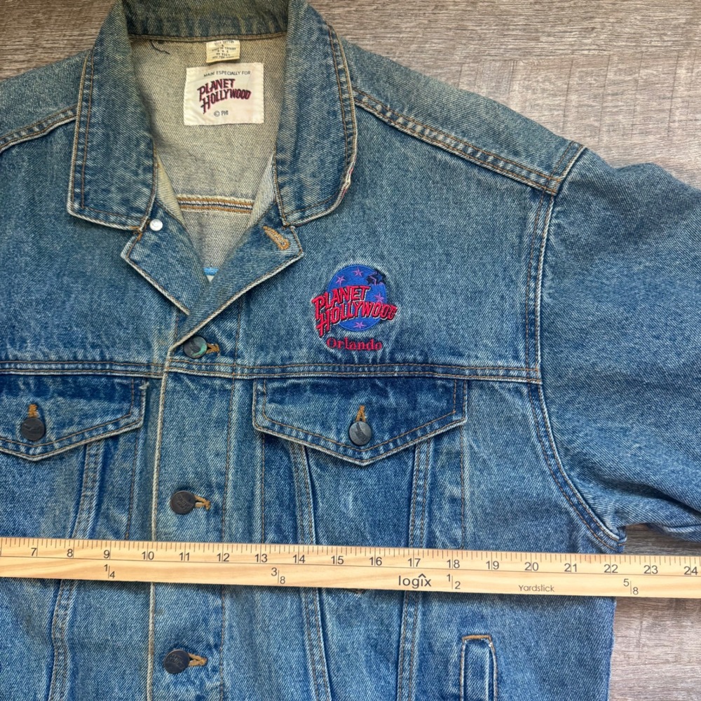 Planet Hollywood Orlando Denim Trucker Jacket L Distressed Blue Embroidered Back - Picture 4 of 10